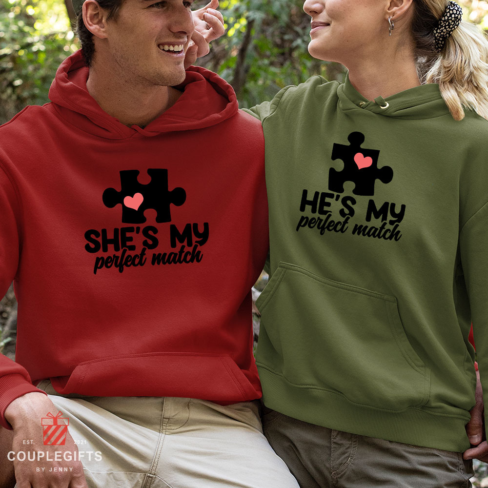 He And She’s Perfect Match Puzzle Cute Matching Hoodies For Couples